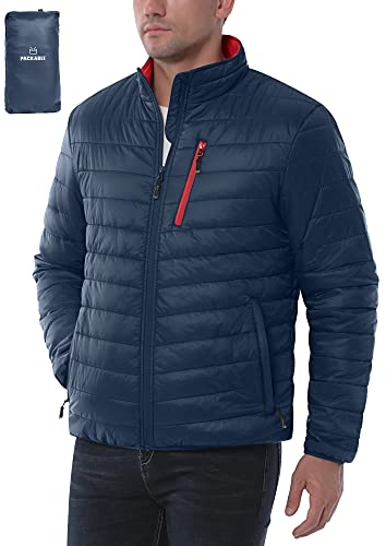 33,000ft Mens Winter Lightweight Jacket Warm Short Packable Puffer Jacket Transitional Padded Jacket Quilted Jacket for Men Lined for Hiking Travelling Navy Blue+Red 2XL