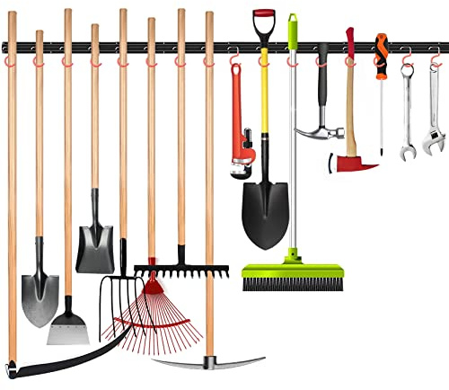 WALMANN All Metal 64 inch Wall Mount Garden Tool Organizer for Garage | Mop and Broom Holder, Yard Tool Storage Rack for Rake, Shovel, Spade, Mop, Broom(4 Rails, 16 Hooks)