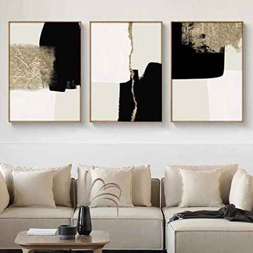 HEHGVCF 3er Set Leinwand Poster Modern Minimalistisch Beige Schwarz und Gold Wand Bilder Geometrische Abstrakte Geometrie Kunstdruck Wanddekoration Deko Ungerahmt (40 x 60cm,Geometrische)