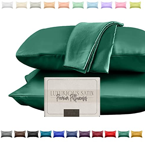 Elegant Comfort Silky and Luxurious 2-Piece Satin Pillowcase Set for Healthier Skin and Hair, Hidden Zipper Closure and Beautifully Packaged, Satin Pillowcase Set, Standard/Queen, Hunter Green