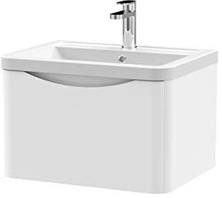 nuie LUN105A Lunar Modern Bathroom Wall Hung 1 Drawer Vanity Basin Unit & Ceramic Basin, 600mm, Satin White