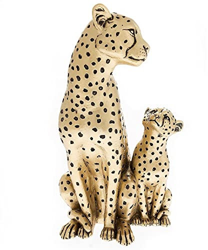 Goldfarbene Metallic-Effekt-Figur aus Kunstharz, Eltern-Gepard und Babyjung, Tier-Skulptur, Ornament, 25 cm hoch, Geburtstagsgeschenk
