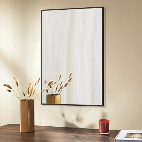 WDWRITTI Schwarz Spiegel 50x70 cm Rechteckiger Badspiegel, Wandspiegel Wandmontage Metallrahmen Badezimmerspiegel HD Groß Schminkspiegel für Badezimmer, Schlafzimmer, gäste wc, Wohnzimmer