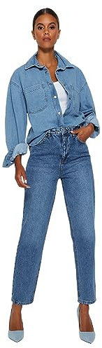 TRENDYOL Damen Gerade Mama Hohe Taille Jeans, Blau, 40