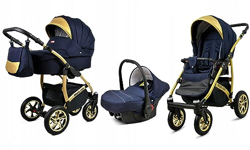 BabyLux® Bambimo Kinderwagen Set 3 in 1 - Gold Lux - incl. Babywanne, Buggy Sportsitz, Auto-Babyschale - Autositz - Kinderwagenset - Kombikinderwagen mit Wickeltasche, Regenschutz usw.