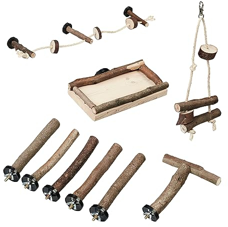 Relaxdays Vogelspielzeug, 9-TLG. Vogelkäfig Zubehör, für Wellensittich, Kanarienvogel, Holz, Sitzstange, Schaukel, Natur