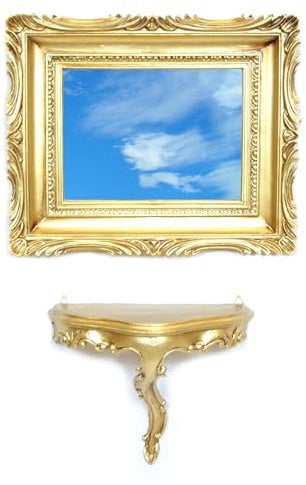 LIGUORO SHOP Specchio Rettangolare + Mensola In Stile Barocco Veneziano Finto Vintage Shabby Chic - Cornice cm 27x35 - Console cm 20x23x10 (Oro)