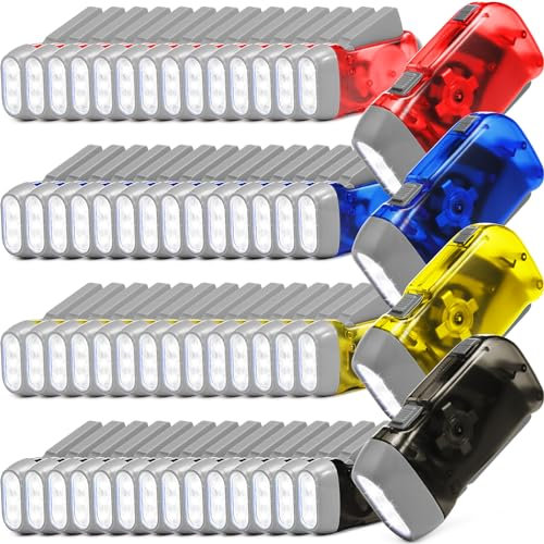 Treela 60 Pack Hand Crank Flashlight No Battery Manual Powered Squeeze Flashlight 3 LED Torch for Camping Emergency Survival, 4 Colors