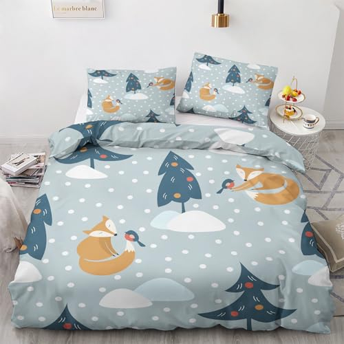GEDAEUBA Kinder Waldtiere Bettwäsche 155x220 Winter - Fuchs Vogel Bettbezug 155x220 3 teilig, Wendebettwäsche und Kissenbezug 80x80, Weiche & Warme Mikrofaser Bettwäsche-Sets mit Reißverschluss