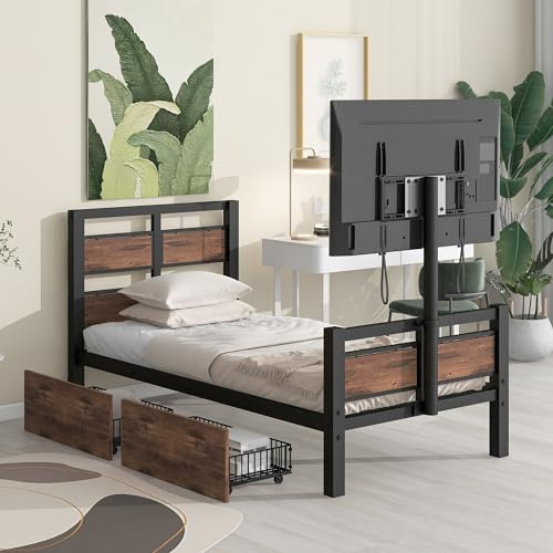 YOPTO Twin Size Metal Platform Bed with MDF Headboard and Footboard,Two Storage Drawers and Rotatable TV Stand,Industrial Modern Bunk-Bed,No Box Spring Needed,for Juniors&Adults,Black