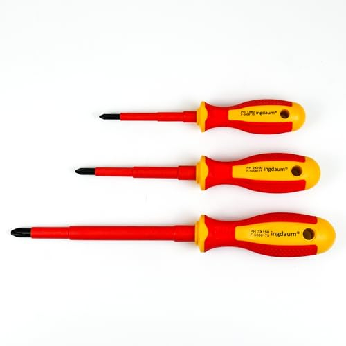 INGDAUM® Lot de 3 tournevis cruciformes VDE PH 1 x 80 mm ; PH 2 x 100 mm ; PH 3 x 150 mm, isolés contre 1000 V pour électriciens, mécatroniques et techniciens du froid