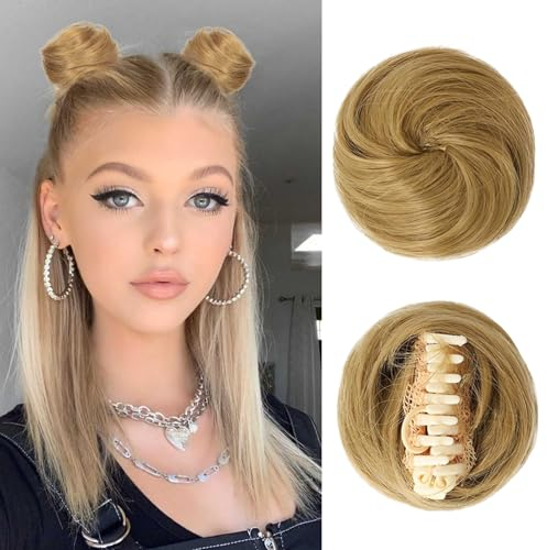 Colexy 2PCS Moños Postizos de Pelo con Pinza, Hair Buns Mini Chignon, Moños Postizos de Pelo Natural, Coletero Postizo Sintético Clip in Moño Postizo Fake Donut Hair Bun para Mujer Niñas, Rubio