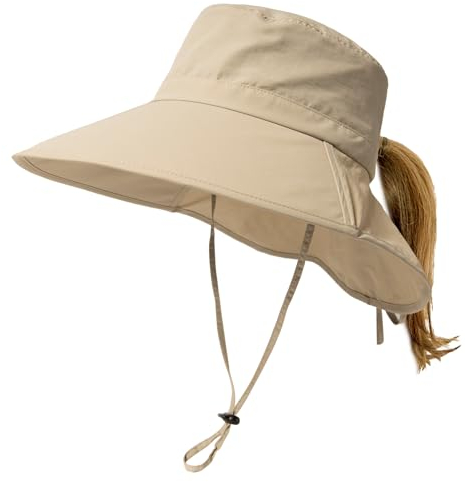 TOP-EX XL/XXL Damen Sonnenhut Pferdeschwanz UV Schutz Faltbar Wasserdicht Outdoor Hut mit Nackenschutz Breite Krempe Sommer Fischerhut Safari Wanderhut Trekking 94601_Beige M/L