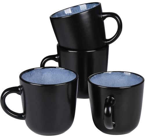 Greentainer Ocean Blue Mug Set of 4 - Handmade Stoneware Coffee Cups with Big Handle - Modern, Boho, Unique Style for Any Kitchen. Microwave & Dishwasher Safe,16oz