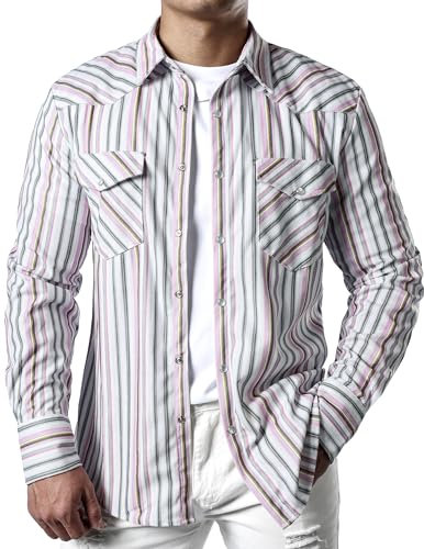 JOGAL Chemise à manches longues en velours côtelé pour homme - Coupe droite - Rayée décontractée - Sans plis - Chemise boutonnée - Chemise d'affaires et de loisirs, blanc/rose, XL