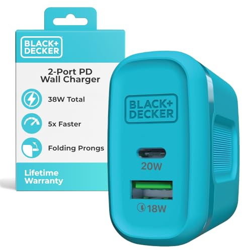 BLACK+DECKER Quick-Charge PD Wall Charger, 2-Port, 38W - USB & Type C Wall Plug - Compact Power Block USB C - Fast Charger Adapter Power Delivery & Qualcomm QC 3.0 - Perfect for Home, Office, Travel