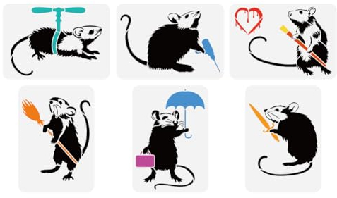 FINGERINSPIRE 6 Stück Banksy Ratten Malschablone 21x29.7 cm Wiederverwendbare Banksy Liebesratten Zeichnungsschablone Maus Muster Banksy Themen Schablone Zum Malen Auf Holz Wand Leinwand Stoff Möbeln