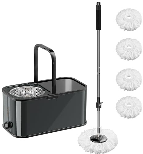 SWIFTIRON Mapos limpieza de pisos 360° Rotating Stainless Steel Broom, 360° Rotating Broom and Bucket for Cleaning with Extra Refills, Adjustable Handle (Black)