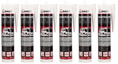 dubaust Lot de 6 cartouches de mastic d'étanchéité pour carrosserie et montage, adhésif pour voiture et camping-car, intérieur + extérieur, résistant aux UV, adhérence sur tous les supports, mastic
