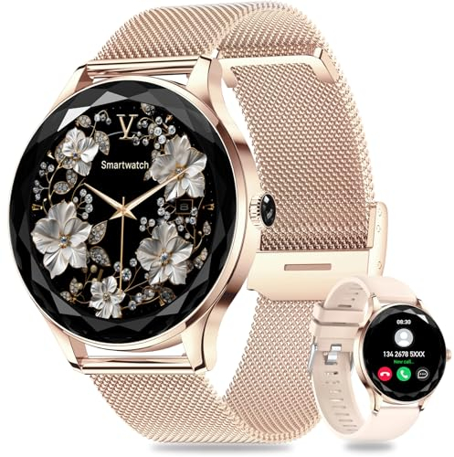 Fsdibst Smartwatch Damen Rund mit Telefonfunktion, 1.27 Fitnessuhr Damen Schrittzähler Pulsuhr, IP68 120 Sportuhr Schlafmonitor Menstruationszyklus für Android iOS (Roségold)