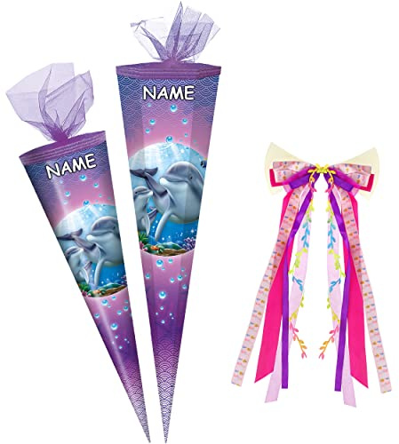 alles-meine.de GmbH Schultüte - mit 3D Glitzer - Effekt ! - Delfin & Fische - 50-85 cm - Größe wählbar - inkl. Name + Bänder Schleife - Zuckertüte - Tüllabschluß - eckig - rund..