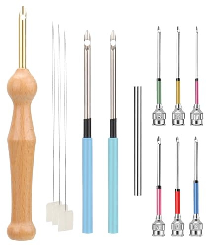 Fomiata 12tlg Stanznadel Set Einstellbar Stickerei Werkzeug mit Holzgriff | 9 Größen Nadeln 10#-50# mit 2 Nadeleinfädlern, für Anfänger Kreuzstich Teppich DIY Handwerk