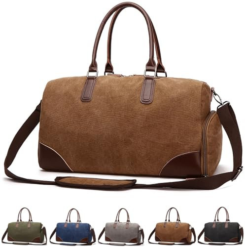 Sporttasche Reisetasche Groß 55L,Sporttasche mit Schuhfach Nassfach,Canvas Leder Duffle Bag Herren,Vintage Handgepäck Gym Bag (braun)