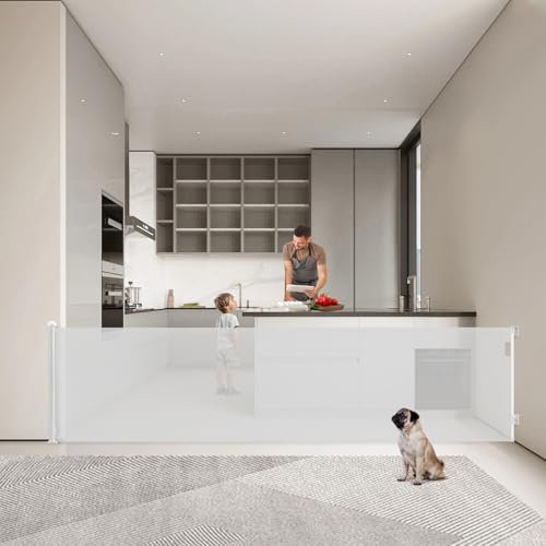 Muaket 0-300CM Treppenschutzgitter/Türschutzgitter Ausziehbare, Treppengitter für Babys und Haustiere Kinderschutzgitter, Einhändiges Öffnen, Kindergitter babygitter tür für Treppen, Türen, Weiß