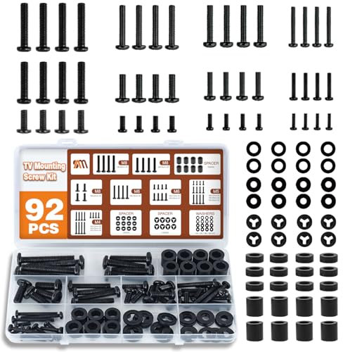 Solid As Mountain TV Screw Kit Set - 92 Pieces - Black M4-0.7, M5-0.8, M6-1.0, M8-1.25 Alloy Steel TV Mounting Screws for Wall Mounting