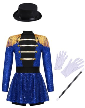 Jhaoyu Kids Circus Ringmaster Long Sleeve Mock Neck Sequin Bodysuit with Hat Magic Wand Gloves Blue 7-8 Years