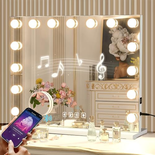 VOWNER Hollywood Schminkspiegel mit Beleuchtung, Schminktisch Spiegel, 15 LED Licht Dimmbare mit 3 Lichtmodi, Bluetooth, Touch Control Vanity Spiegel mit USB Ausgang (58 x 46 cm)