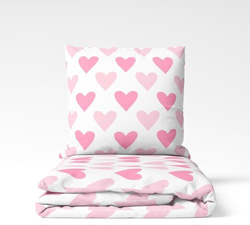 MTOnlinehandel Herzen Bettwäsche 155x220 Flanell, Biber, Herzklopfen Herz-Motiv in rosa pink, Winterbettwäsche Partnerbettwäsche, 1x Kissenbezug 80x80 + Bettbezug 155x220, 100% Baumwolle