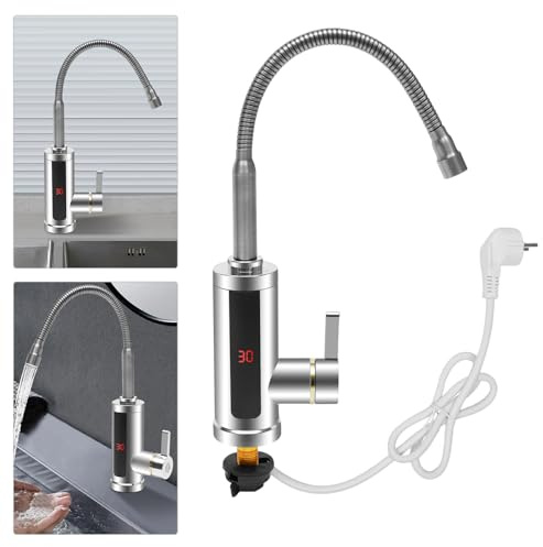 Elektrische Wasserhahn mit Durchlauferhitzer 220v, LED Temperaturanzeige, 360° Rotatable, für Küche, Garten, Bad, Wohnwagen, Camping, 2 Zubehörteile, intelligente Heizung Wasserhahn