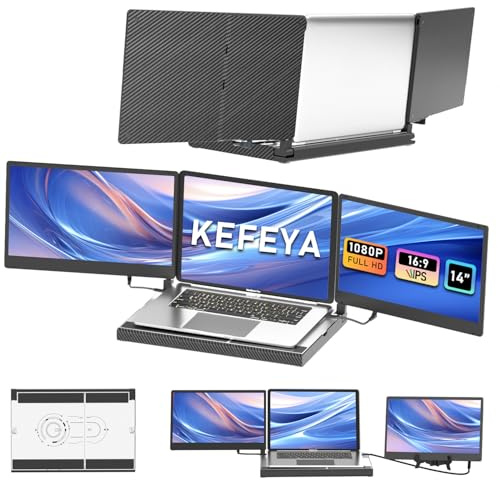 KEFEYA 14'' Triple Laptop Monitor Extender with Metal Base, 360° Rotation 1080P Portable Laptop Screen Extender for 12-17.3'' Laptops-Compatibility for Windows, Surface, MacBook, Switch, Plug & Play