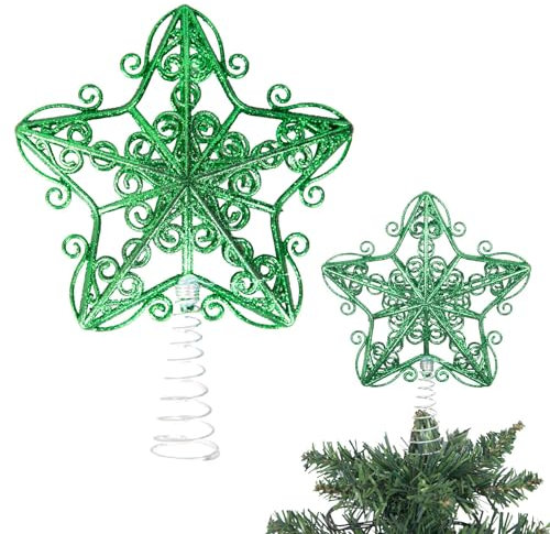 Puntale per albero di Natale, 14,5 cm, verde scuro, glitterato, infrangibile, per decorazioni per albero di Natale, albero di Natale, corona e ornamento per le vacanze