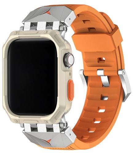 Fullmosa Cinturini compatibili con Apple Watch 44 mm 45 mm Serie 9/8/7/6/5/4/SE3/SE2/SE, robusto cinturino in TPU iWatch con custodia paraurti per uomo, arancione+argento
