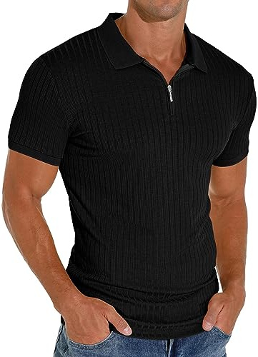PrinStory Herren Polo Shirt Kurzarm Poloshirt Mit Reißverschluss Golf Freizeit Stretch Slim Fit T-Shirt
