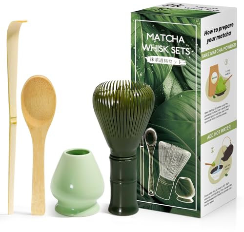 4 Pièces Matcha kit ceremonie japonais, Vert Fouet matcha en résineux, Cuillère en bambou, pelle en bambou, Porte-Fouet, Coffret matcha pour la cérémonie du thé, la boisson - Bleu céladon