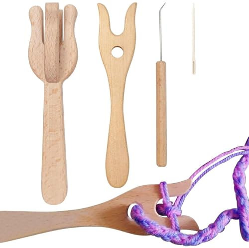 Lucet Fork Crochet - 4 Pieces Wooden Tools for Carpet Making, Portable Knitting Fork Set with Large Eye Needle, Wooden Fork Braid and Lucet Fork Crochet Set for Carpet Making