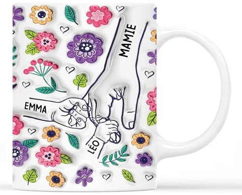 Cadeau Plus Mug Personnalisé Prénom - Mamie Maman Tenant Les Mains - Cadeau Mamie, Tasse Personnalisée Maman, Cadeaux pour maman, Mug grand mere