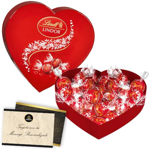 Corazón con Bombones LINDT y Bombones LINDOR de chocolates con Leche San Valentín. Incluye Tarjeta Personalizada o Dedicada exclusiva Cia&Co. Cajita Reutilizable con forma de Corazón