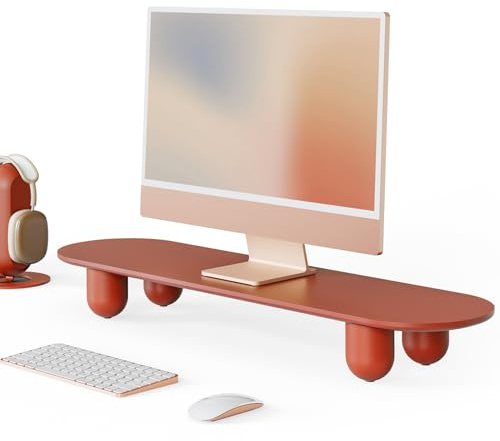 Fenge Monitorständer Riser ,Schreibtischablage für Dual Monitorständer , Computer Monitor Ständer Mit Holzregal & Massivholzbeinenn, 86cm×23cm×10.3cm,Tragfähigkeit 20KG Rot