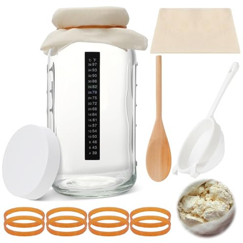 Honeydak 8 Pcs Complete Kefir Starter Kit Kombucha Fermenter Kit Half Gallon 64oz Mason Jar Wide Mouth with Plastic Storage Lid Nylon Mesh Strainer Cotton Cloth Cover and Wood Spoon