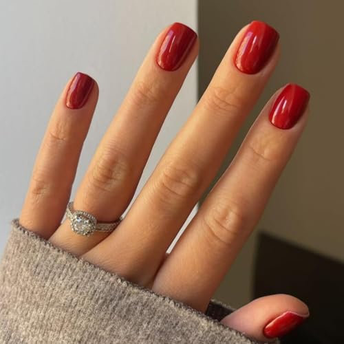 KQueenest Red Press on Nails Short Square, Short False Nails Coffin, Glossy Solid Small Wine Red Fake Nails Set, Perfectly Fit, Reusable Gel Stick on Nail for Women Daily Wear 24 Pcs