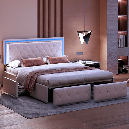 Polsterbett 160x200 cm mit LED, Doppelbett mit Verstellbares Kopfteil, Stauraumbett mit 4 Schubladen, Jugendbett Bettgestell mit Lattenrost, für Erwachsene, PU (Beige, 160 x 200 cm)