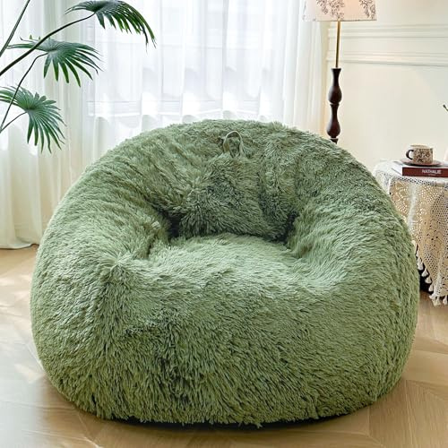 XeGe 5FT Giant Fluffy Bean Bag Chair Cover(No Filler), Ultra Soft Moss Faux Fur Stuffed Animal Storage Bean Bag for Plush Toys, Plush Shaggy XL Large Lazy Sofa Beanbag for Adults Kids, Sage Green