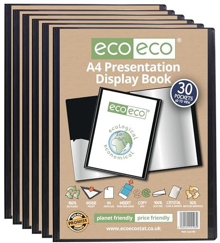 eco-eco A4 Size 50% Recycled 30 Pocket Black Presentation Display Book, Storage Case Portfolio Art Folder with Plastic Sleeves, Pack of 6, eco196x6