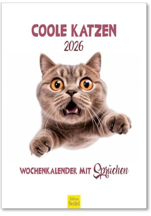 Edition Seidel Premium Kalender Coole Katzen Wochenkalender 2026 Format DIN A4 Wandkalender Katzenkalender mit Sprüchen und Zitaten Tiere Katze Kater Kitten Kätzchen