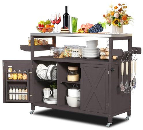 AeasyG Isla de cocina para exteriores, encimera de acero inoxidable, carrito de barbacoa para exteriores, carrito de madera maciza con armario, especias y toallero,