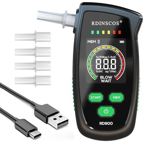 RDINSCOS Alcoholímetro Portátil,Medidor de Alcohol Profesional con Pantalla LCD y 2 Boquillas para Pruebas Caseras y Preventivas
